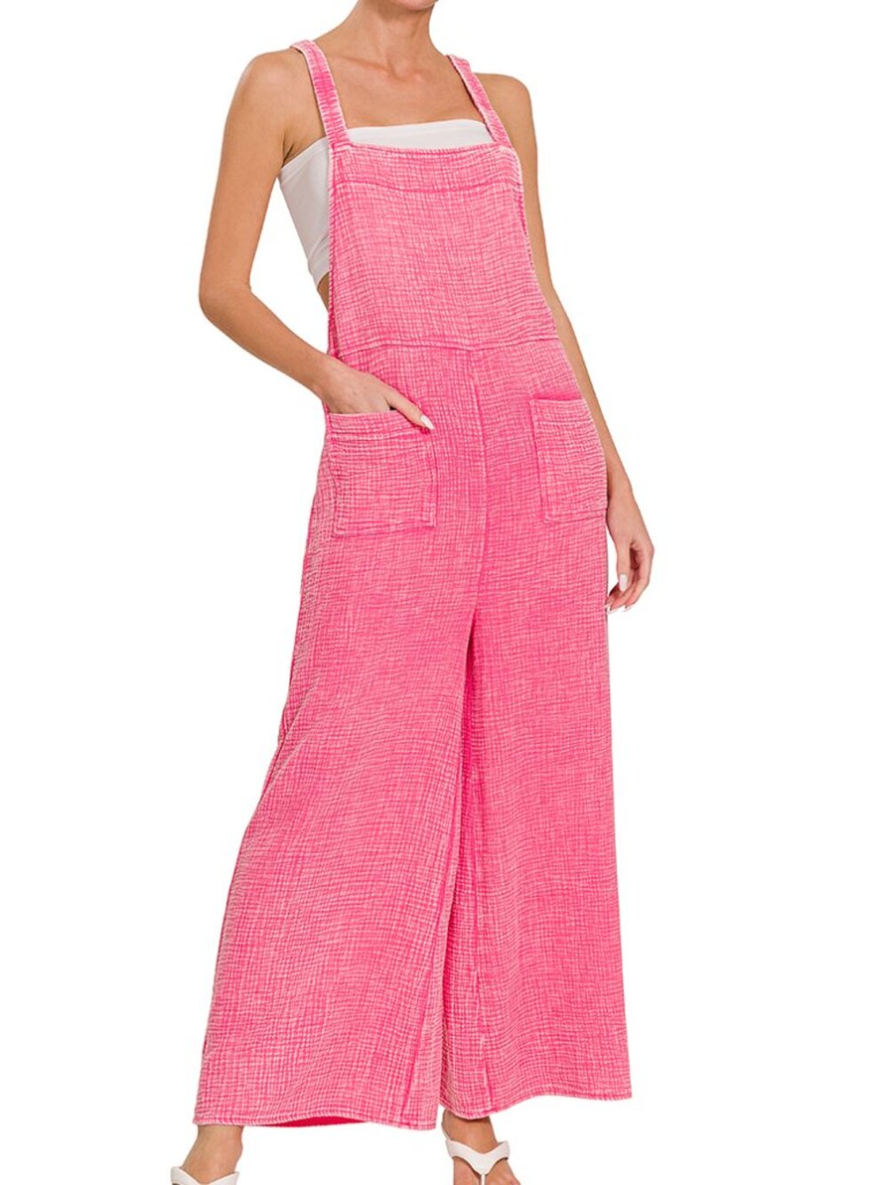 NEW Zenana Small Washed double gauze elastic waist wide overalls